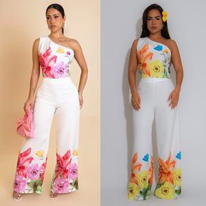 Elegante conjunto de dos piezas estampado de verano con hombros asimétricos y pantalón de pierna ancha, mono elástico estilo casual para mujer - Product Image 2