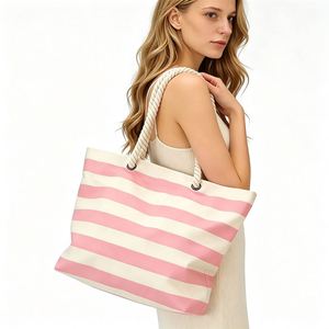 Sac en toile de coton personnalisé avec logo d'usine, rayures colorées, grande taille, avec poignée en corde - Product Image 2