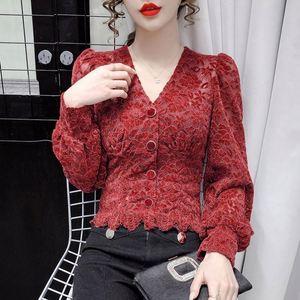 เสื้อลูกไม้<span class=keywords><strong>2022</strong></span>ผู้หญิงสีทึบแขนยาวพองคอวีแบบฝรั่งเศสมีกระดุมเสื้อตาข่ายโปร่งใสเสื้อลำลอง - Product Image 4