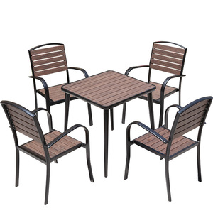 Garden Set <b>Outdoor</b> <b>Plastic</b> Wood <b>Table</b> Chair 4 Seater Steel Frame Weather Resistant Contemporary Design - Product Image 1