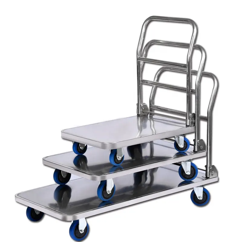 Stainless Steel Flatbed Trolley Carrier Folding Mute Heavy Four-wheel Trailer Hand Trolley