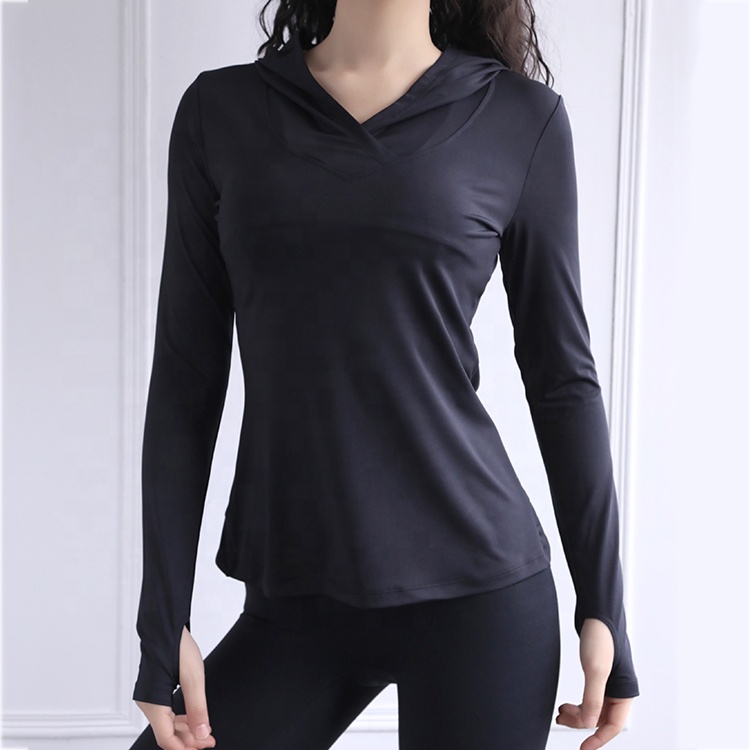 New Design Workout Tops Custom V Neck Quick Dry Hood T Shirts Womens Long Sleeve Sexy Mesh Back Yoga Sweat Shirt