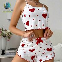 Heißer Sommerschlussverkauf Damen Sexy Weißes Gestricktes Pyjama-Set mit Herzmuster Cami & Shorts Damen-Nachtwäsche 2-teilig