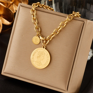 European and American fashion personality retro portrait round brand <b>titanium</b> steel pendant <b>chain</b> high-grade necklace - Product Image 1