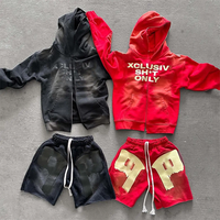 Ensemble sweat à capuche et short vintage délavé à l'acide, effet usé, 400 g/m², sweat à capuche personnalisé avec fermeture éclair, short imprimé en relief