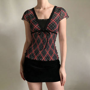 Ins Style Urban Chic Black Red Plaid Print Lace <b>Patchwork</b> Tie Front Short Sleeve V Neck Sexy Mesh Lace <b>Top</b> - Product Image 2