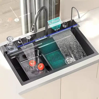 TikTok Trend Noir Affichage Numérique Cascade Robinet En Acier Inoxydable 304 Bol Unique Évier De Cuisine avec Multifonction Quatre Trous