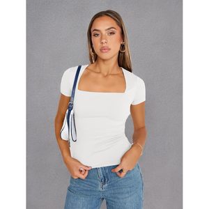 Haut à col carré pour femmes, manches courtes, coupe ajustée, vêtements d'été doux - Product Image 6