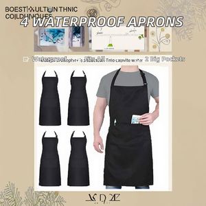 Ensemble de 4 tabliers de chef imperméables en polyester tissé réglables avec 2 poches, style bavoir, lavables en machine, pour hommes et femmes, cuisine et pâtisserie - Product Image 2