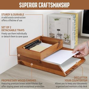 Acacia GỖ THƯ khay <span class=keywords><strong>Set</strong></span> 2-mảnh Tabletop Máy tính để bàn lưu trữ giấy Thư thư Thư thư Thư thư bản sao in không gian làm việc nâu-văn phòng phẩm Saver - Product Image 4