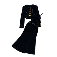 Ensemble élégant de veste courte en velours à col rond et manches longues avec robe sirène cintrée à la taille pour l'automne et l'hiver