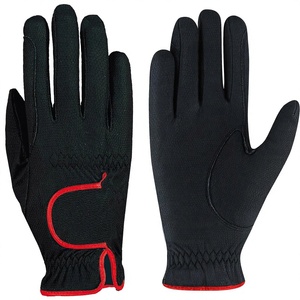 Gants d'équitation en cuir microfibre noirs à doigts entiers avec bordure rouge pour usage extérieur en hiver, unisexe, modèle à enfiler - Product Image 1