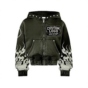 Sweat à capuche oversize en mélange de coton, coupe droite, épaules tombantes, broderie vieillie, strass, imprimé flamme, pour homme, style hip-hop en polyester - Product Image 1