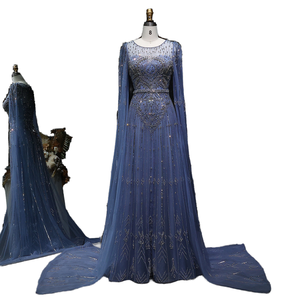 Robe de soirée élégante de Dubaï à manches régulières, bleue, longue jusqu'au sol, en forme de A, en organza imprimé avec des cristaux - Product Image 1