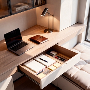 Libreria Moderna Premium con Cornice Nera Effetto Legno Chiaro, Porta in Vetro, Scrivania Integrata, Cassetto, Panca con Finestra, Montaggio a Parete per Camera da Letto - Product Image 5