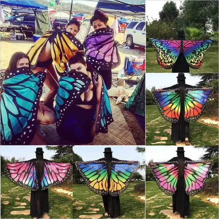 Capa de disfraz de Halloween para mujeres y niñas, accesorio de tela suave con estampado de mariposas de gasa, chal de alas