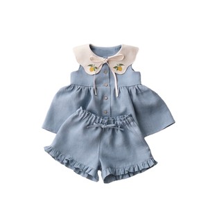 Completo Estivo <span class=keywords><strong>per</strong></span> <span class=keywords><strong>Neonati</strong></span> in Cotone e Lino, Top Senza Maniche Ricamato e Pantaloncini, Set 2 Pezzi alla Moda - Product Image 5
