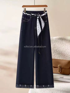 Jeans à jambe droite mi-taille pour femmes <span class=keywords><strong>avec</strong></span> broderie en coton - Pantalons amples décontractés extensibles à jambe large - Product Image 3