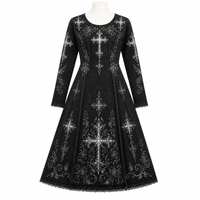 Robe trapèze décontractée pour femme à manches longues, imprimé croix gothique sombre, bordure en dentelle florale vintage