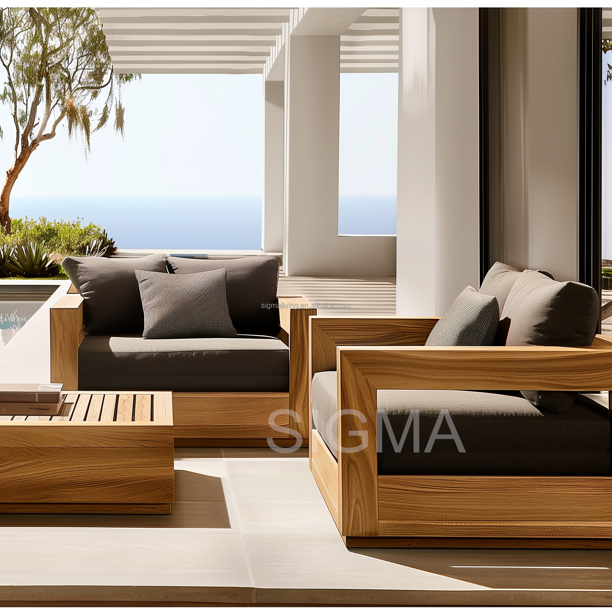 New Design Sigma Luxury Outdoor Hotel Villa Garden Sofa Backyard Wooden Furniture Solid Teak Wood Sofa Sets