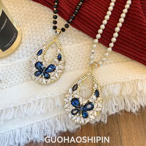 Vintage Butterfly Pendant Necklace Long Chain Gemstone Sweater Chain For Women Fashion Jewelry Accessories White And Black Color - Product Image 4