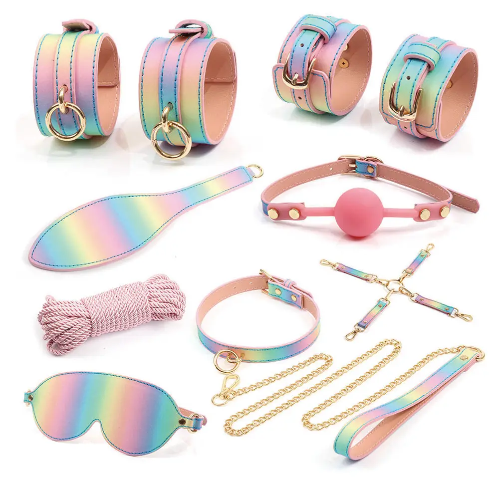 Hot 8Pcs/set Sex Toys For Woman Colorful Leather Set Fluorescent Bondage Hand Cuffs Footcuff Whip Rope Blindfold Erotic Sex Toy