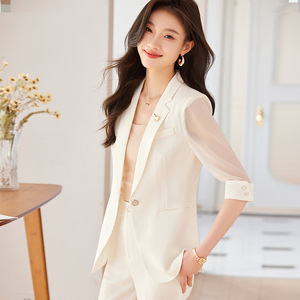 Women's White Summer Blazer Three Quarter Sleeve Breathable Viscose Fiber Suit Jacket Elegant Professional Attire - Product Image 1