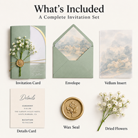 Cartes d'invitation de mariage personnalisées de luxe en acrylique, design arche vert sauge avec enveloppe, sceau de cire et fleurs séchées