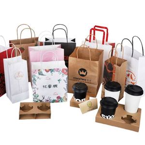Bolsa de Papel Kraft Marrón con Asa para Bebidas para Llevar, con Logotipo Impreso Personalizado - Product Image 1
