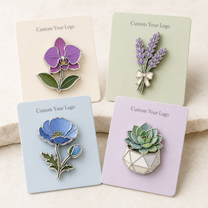 Badges de revers en métal personnalisés, émail dur botanique, plaqué argent, motifs Orchidée, Lavande, Pavot bleu, Succulente - Product Image 1