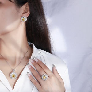 Vintage Fashion Eco-friendly Copper Square Yellow Cubic Zirconia Pendant <b>Earrings</b> Ring <b>Set</b> for Bold Statements - Product Image 6