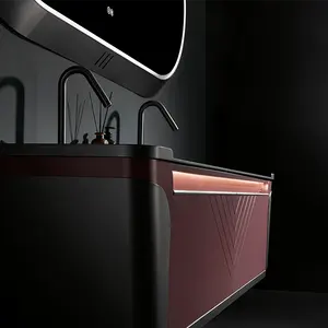 BNITM Light Luxury Red Modern Custom Bathroom Cabinet Furniture Bathroom Vanities With Double Sinks And Smart LED Mirror
