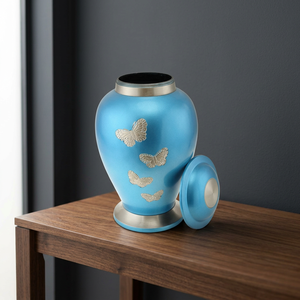 Blue Aluminum Cremation Urn <b>Keepsake</b> <b>Ashes</b> Memorial Cinerary Vase Butterfly Decorative Funeral Decor - Indian Home Crafts - Product Image 3