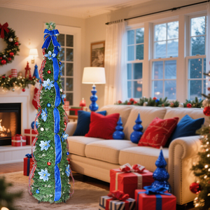 Arbre de Noël télescopique décoré d'un ruban de soie bleu et de fleurs artificielles bleues, pièce de décoration de fête et de festival pour le sol - Product Image 5