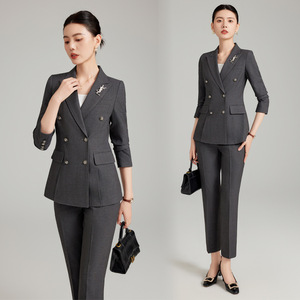 Women Grey Suit Set Polyester Worsted Anti-Wrinkle Commute Autumn Winter - Product Image 1