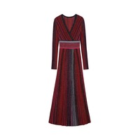 Neues Damenmode-Strickkleid V-Ausschnitt Langarm Stretch Hohe Taille Plissee Streifen Kontrast farben Lässige Strickkleider