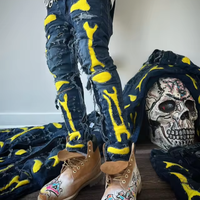 Pantalons de survêtement 100 % coton de qualité supérieure, style personnalisé, avec logos tête de mort, patchs sérigraphiés, effet vieilli, poids moyen à lourd