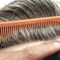 Prothèse capillaire pour homme en cheveux humains Remy indiens, densité 120%, base en dentelle française, longueur 6 pouces, ondulation naturelle, cheveux gris