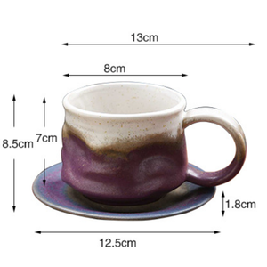 แก้วกาแฟเซรามิกทำมือทรงแปลกตาพร้อมจานรอง ชุดแก้วสไตล์เรโทร แก้วลาเต้สองสี สำหรับน้ำชายามบ่ายและคาเฟ่ที่บ้าน - Product Image 6