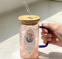 Mug à café en verre droit avec poignée bleue, couvercle en bambou, paille en verre, design tulipe, tasse transparente en borosilicate pour thé, jus, maison, bureau