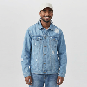 Factory <b>Custom</b> 100% Cotton Ripped Customized <b>Denim</b> <b>Jackets</b> Wholesale Fashion Light Wash Distressed <b>Denim</b> <b>Jacket</b> Men - Product Image 1