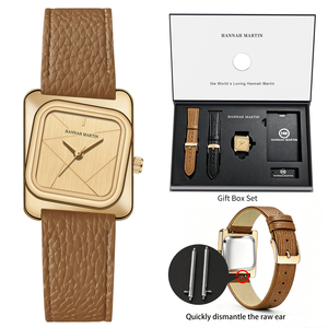 Montre-bracelet à quartz carrée pour femme avec logo personnalisé, bracelet en cuir véritable, coffret cadeau, montre minimaliste tendance pour femme - Product Image 5