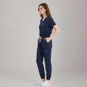 Ensembles de blouses d'infirmière avec poches zippées, haut de blouse bleu marine à col en V, pantalon jogger, tissu respirant, uniforme médical pour l'hôpital - Product Image 3