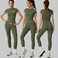 Ensemble de yoga personnalisé avec logo, séchage rapide, pour femmes, 2 pièces, haut de sport à manches courtes et leggings de yoga, tenue de course et d'entraînement, ensembles de vêtements de sport