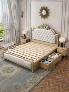 Luxury French Carved Wood Upholstered Tufted Bed <b>Frame</b> Master Bedroom Furniture King Queen Size Classic Double Bed for Villa - Product Image 6