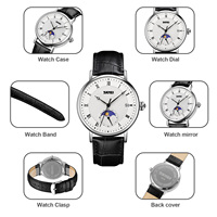 Montre chronographe ronde pour hommes, bracelet en cuir de luxe, montre à quartz étanche 30M, montre à phase de lune pour hommes
