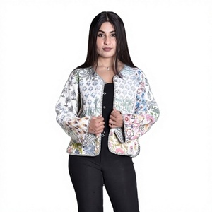 Chaqueta Corta Acolchada Reversible Ligera con Bordado Indio de Rombo y Parches para Mujer, Chaqueta de Algodón Transpirable de Secado Rápido - Product Image 1