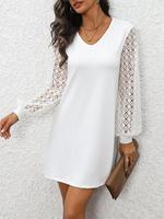 Robe mini décontractée pour femme à col en V, manches longues en dentelle, manches lanternes ajourées, tunique HX9190
