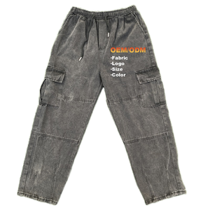 Pantalon cargo en denim de coton pour homme, taille élastique avec cordon de serrage, plusieurs poches, délavage à la pierre, respirant, décontracté - Product Image 1
