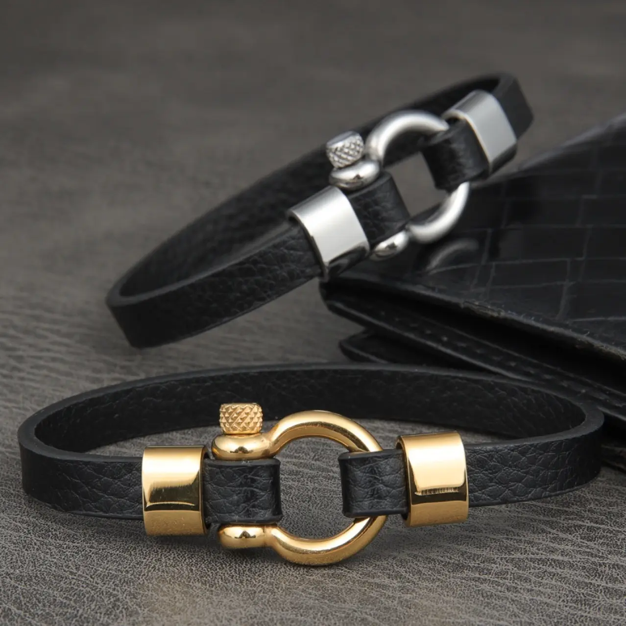 Bestone Men's Stainless Steel Woven Braided Leather Bracelet Custom Your U-shaped Buckle Man Bracelets